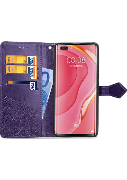 Huawei Nova 7 Pro ile Uyumlu El Standı Fonksiyonlu Cüzdan Kabartmalı Pu Deri Kart Tutucu (Yurt Dışından)