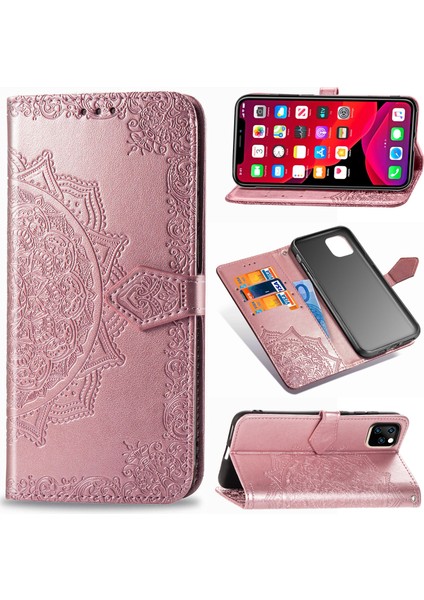 iPhone 11 Pro ile Uyumlu El Standı Fonksiyonlu Cüzdan Kabartmalı Pu Deri Kart Tutucu (Yurt Dışından)