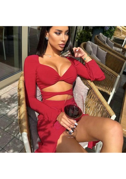 Flare Kollu Seksi Bodycon Kırmızı Mini Elbise