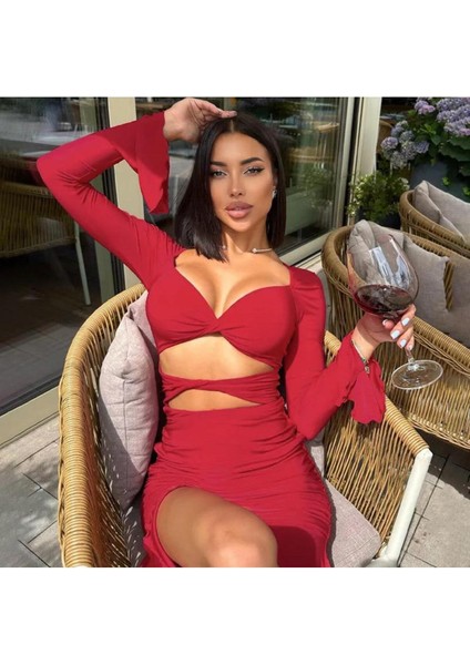 Flare Kollu Seksi Bodycon Kırmızı Mini Elbise fiyatları