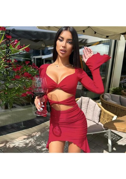 Flare Kollu Seksi Bodycon Kırmızı Mini Elbise modelleri