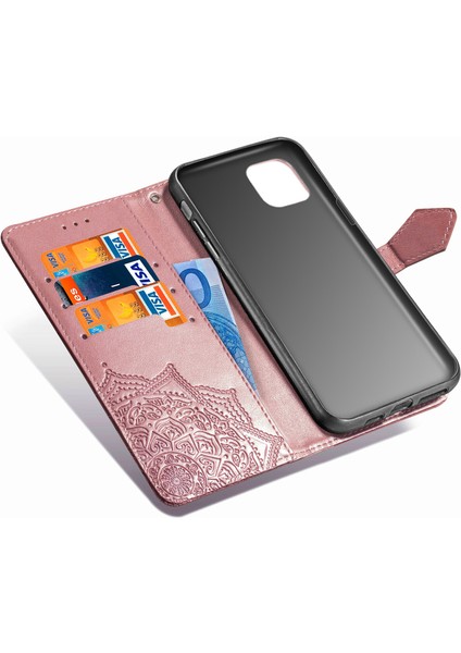 iPhone 11 Pro ile Uyumlu El Standı Fonksiyonlu Cüzdan Kabartmalı Pu Deri Kart Tutucu (Yurt Dışından)