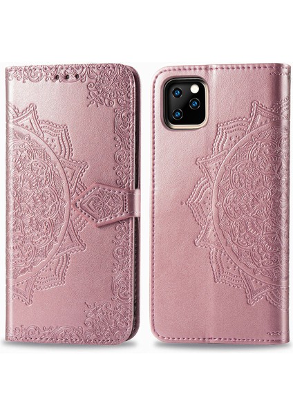 iPhone 11 Pro ile Uyumlu El Standı Fonksiyonlu Cüzdan Kabartmalı Pu Deri Kart Tutucu (Yurt Dışından)