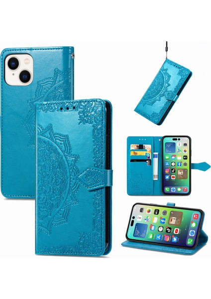 iPhone 14 Plus ile Uyumlu El Standı Fonksiyonlu Cüzdan Kabartmalı Pu Deri Kart Tutucu (Yurt Dışından)