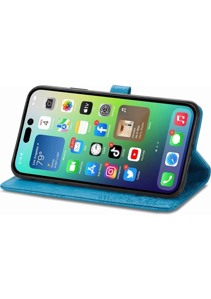 iPhone 14 Plus ile Uyumlu El Standı Fonksiyonlu Cüzdan Kabartmalı Pu Deri Kart Tutucu (Yurt Dışından)
