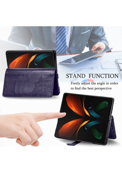 Samsung Galaxy Z Fold 3 ile Uyumlu El Standı Fonksiyonlu Cüzdan Kabartmalı Pu Deri Kart Tutucu (Yurt Dışından) modelleri