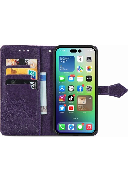 iPhone 14 Plus ile Uyumlu El Standı Fonksiyonlu Cüzdan Kabartmalı Pu Deri Kart Tutucu (Yurt Dışından)