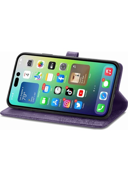 iPhone 14 Plus ile Uyumlu El Standı Fonksiyonlu Cüzdan Kabartmalı Pu Deri Kart Tutucu (Yurt Dışından)