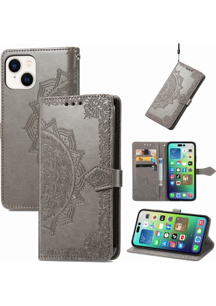 iPhone 14 Plus ile Uyumlu El Standı Fonksiyonlu Cüzdan Kabartmalı Pu Deri Kart Tutucu (Yurt Dışından)