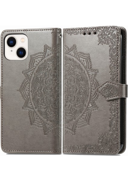 iPhone 14 Plus ile Uyumlu El Standı Fonksiyonlu Cüzdan Kabartmalı Pu Deri Kart Tutucu (Yurt Dışından)