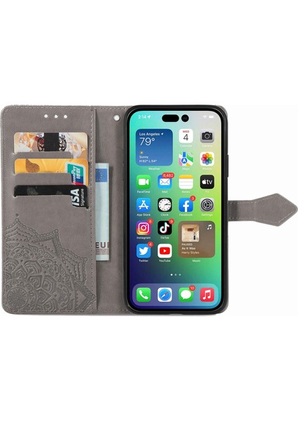 iPhone 14 Plus ile Uyumlu El Standı Fonksiyonlu Cüzdan Kabartmalı Pu Deri Kart Tutucu (Yurt Dışından)