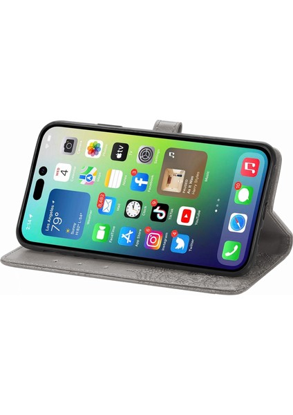 iPhone 14 Plus ile Uyumlu El Standı Fonksiyonlu Cüzdan Kabartmalı Pu Deri Kart Tutucu (Yurt Dışından)