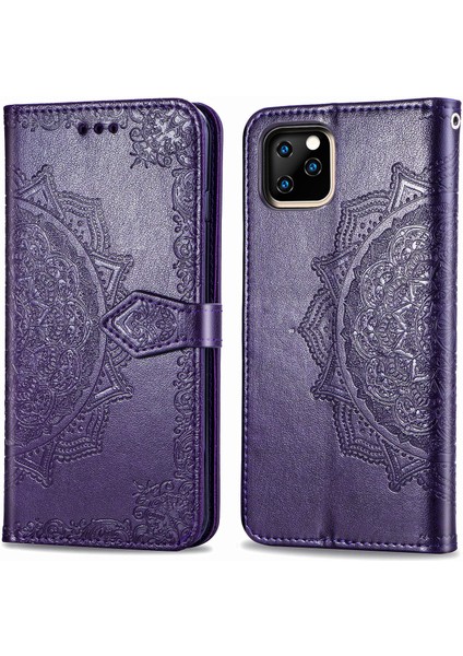 iPhone 11 Pro Max ile Uyumlu El Standı Fonksiyonlu Cüzdan Kabartmalı Pu Deri Kart Tutucu (Yurt Dışından)
