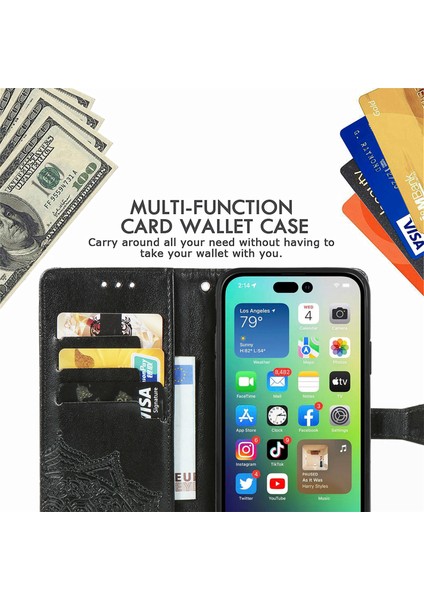 iPhone 14 Plus ile Uyumlu El Standı Fonksiyonlu Cüzdan Kabartmalı Pu Deri Kart Tutucu (Yurt Dışından)