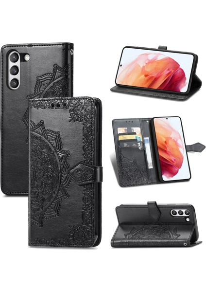 Samsung Galaxy S21 Fe ile Uyumlu El Standı Fonksiyonlu Cüzdan Kabartmalı Pu Deri Kart Tutucu (Yurt Dışından)