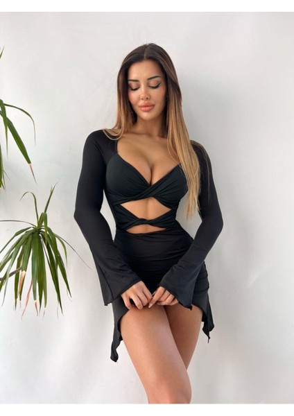 Flare Kollu Seksi Bodycon Siyah Mini Elbise fiyatları