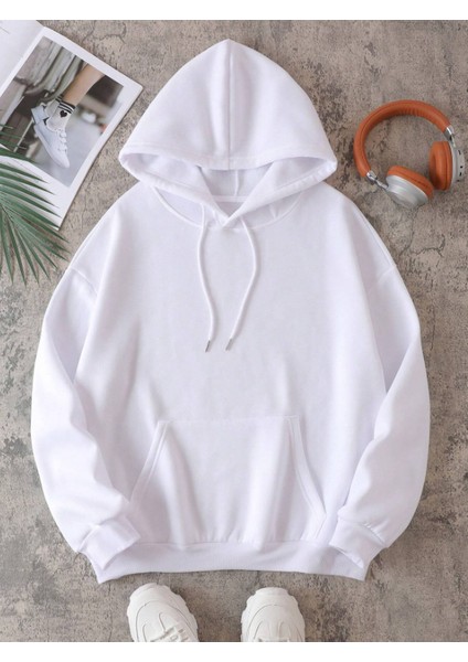 Unisex Beyaz Kanguru Cepli Kapüşonlu Sweatshirt Beyaz Hoodie