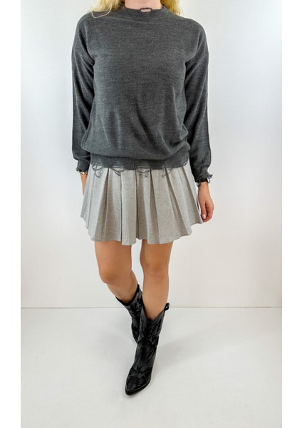 Detaylı Gri Rahat Kalıp Kazak