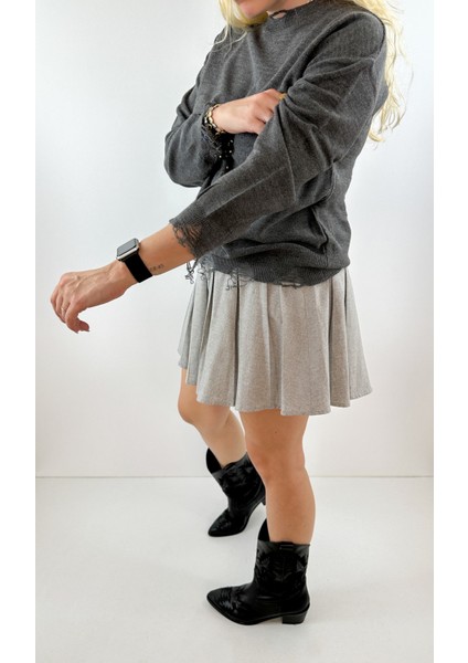 Detaylı Gri Rahat Kalıp Kazak fiyatları