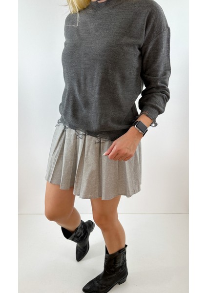 Detaylı Gri Rahat Kalıp Kazak modelleri