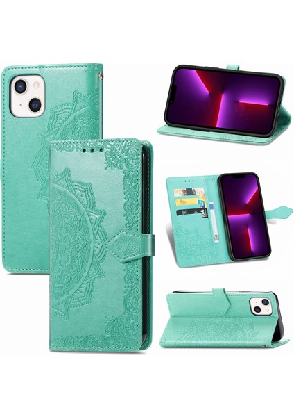 iPhone 13 Mini ile Uyumlu El Standı Fonksiyonlu Cüzdan Kabartmalı Pu Deri Kart Tutucu (Yurt Dışından)