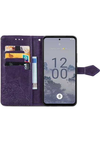 Nokia X30 ile Uyumlu El Standı Fonksiyonlu Cüzdan Kabartmalı Pu Deri Kart Tutucu (Yurt Dışından)