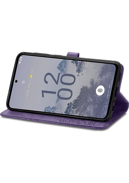 Nokia X30 ile Uyumlu El Standı Fonksiyonlu Cüzdan Kabartmalı Pu Deri Kart Tutucu (Yurt Dışından)