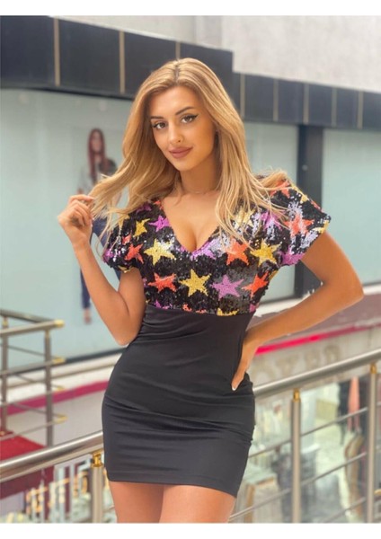 Etek Kısmı Dalgıç Üst Kısmı Yıldız Payet Mini Elbise