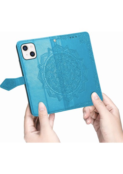 iPhone 13 Mini ile Uyumlu El Standı Fonksiyonlu Cüzdan Kabartmalı Pu Deri Kart Tutucu (Yurt Dışından)