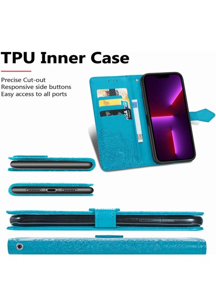 iPhone 13 Mini ile Uyumlu El Standı Fonksiyonlu Cüzdan Kabartmalı Pu Deri Kart Tutucu (Yurt Dışından)