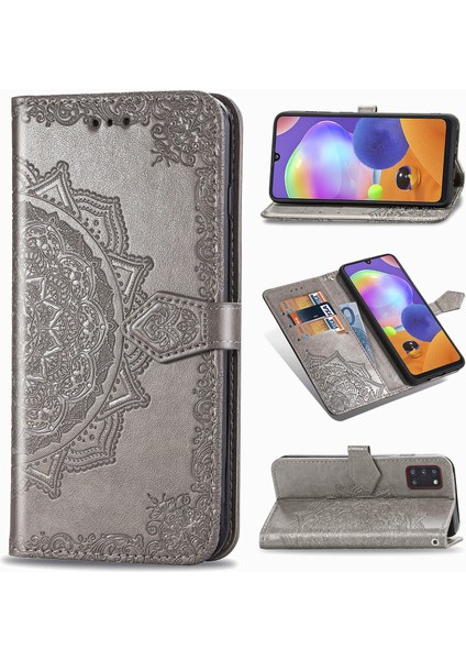 Samsung Galaxy A31 ile Uyumlu El Standı Fonksiyonlu Cüzdan Kabartmalı Pu Deri Kart Tutucu (Yurt Dışından)
