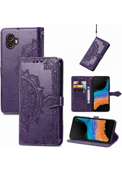 Samsung Galaxy Xcover6 Pro ile Uyumlu El Standı Fonksiyonlu Cüzdan Kabartmalı Pu Deri Kart Tutucu (Yurt Dışından)