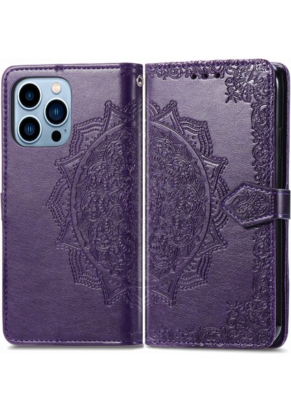 iPhone 13 Pro Max ile Uyumlu El Standı Fonksiyonlu Cüzdan Kabartmalı Pu Deri Kart Tutucu (Yurt Dışından)