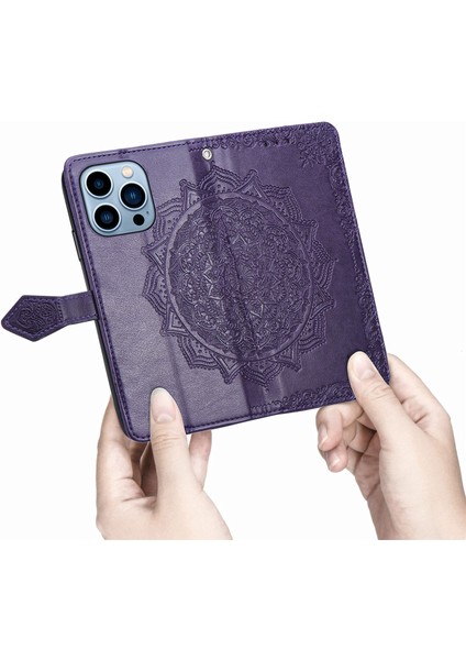 iPhone 13 Pro Max ile Uyumlu El Standı Fonksiyonlu Cüzdan Kabartmalı Pu Deri Kart Tutucu (Yurt Dışından)