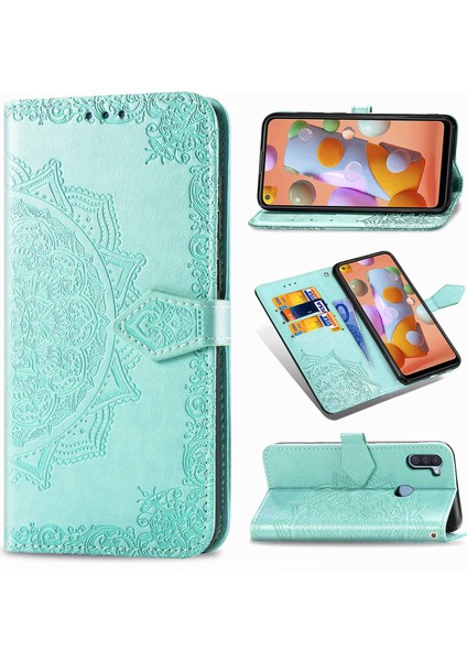 Samsung Galaxy A11 ile Uyumlu El Standı Fonksiyonlu Cüzdan Kabartmalı Pu Deri Kart Tutucu (Yurt Dışından)