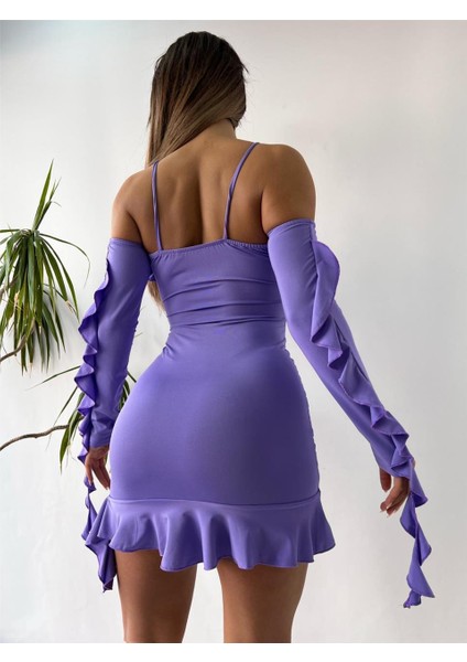 Lila Madonna Yaka Çiçek Figürlü Mini Elbise fiyatları