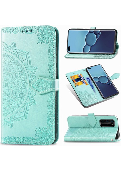 Huawei P40 Pro ile Uyumlu El Standı Fonksiyonlu Cüzdan Kabartmalı Pu Deri Kart Tutucu (Yurt Dışından)
