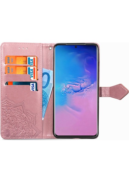 Samsung Galaxy S20 Ultra ile Uyumlu El Standı Fonksiyonlu Cüzdan Kabartmalı Pu Deri Kart Tutucu (Yurt Dışından)