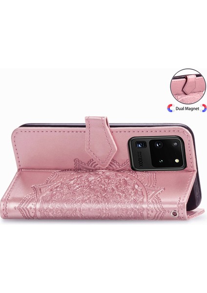 Samsung Galaxy S20 Ultra ile Uyumlu El Standı Fonksiyonlu Cüzdan Kabartmalı Pu Deri Kart Tutucu (Yurt Dışından)
