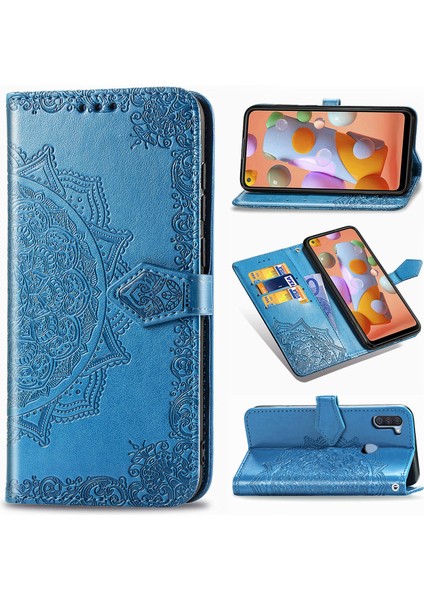 Samsung Galaxy A11 ile Uyumlu El Standı Fonksiyonlu Cüzdan Kabartmalı Pu Deri Kart Tutucu (Yurt Dışından)