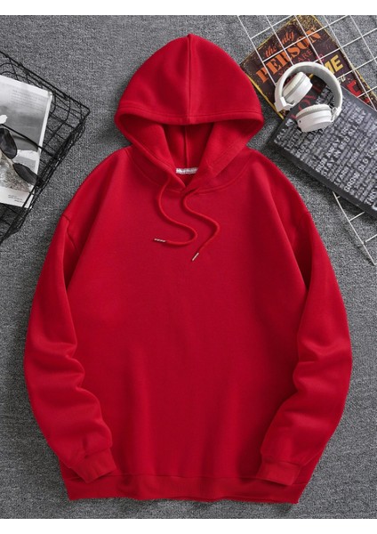 Unisex Kırmızı Kanguru Cepli Kapüşonlu Sweatshirt Kırmızı Hoodie