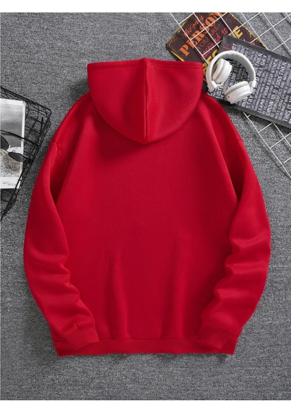 Unisex Kırmızı Kanguru Cepli Kapüşonlu Sweatshirt Kırmızı Hoodie