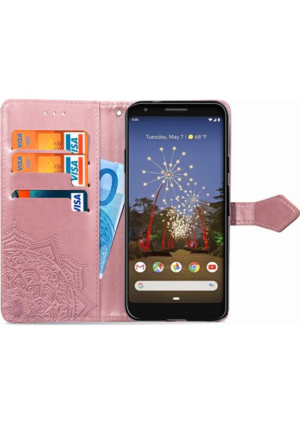 Google Pixel 3A Xl ile Uyumlu El Standı Fonksiyonlu Cüzdan Kabartmalı Pu Deri Kart Tutucu (Yurt Dışından)