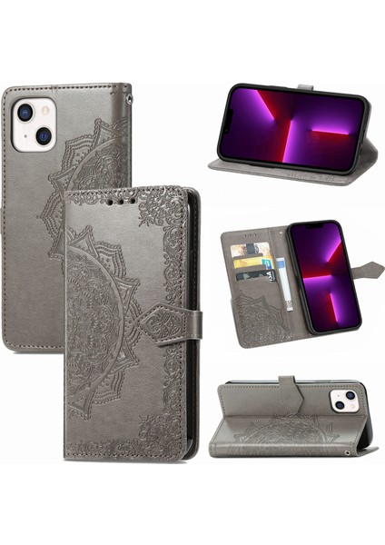 iPhone 13 Mini ile Uyumlu El Standı Fonksiyonlu Cüzdan Kabartmalı Pu Deri Kart Tutucu (Yurt Dışından)