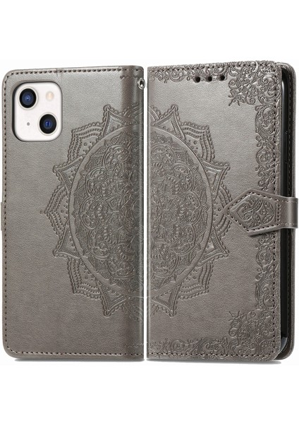 iPhone 13 Mini ile Uyumlu El Standı Fonksiyonlu Cüzdan Kabartmalı Pu Deri Kart Tutucu (Yurt Dışından)