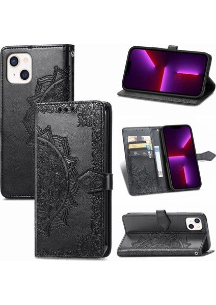 iPhone 13 Mini ile Uyumlu El Standı Fonksiyonlu Cüzdan Kabartmalı Pu Deri Kart Tutucu (Yurt Dışından)
