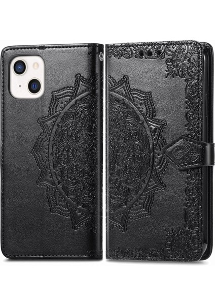 iPhone 13 Mini ile Uyumlu El Standı Fonksiyonlu Cüzdan Kabartmalı Pu Deri Kart Tutucu (Yurt Dışından)