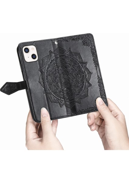 iPhone 13 Mini ile Uyumlu El Standı Fonksiyonlu Cüzdan Kabartmalı Pu Deri Kart Tutucu (Yurt Dışından)