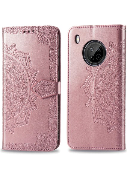 Huawei Y9A ile Uyumlu El Standı Fonksiyonlu Cüzdan Kabartmalı Pu Deri Kart Tutucu (Yurt Dışından)