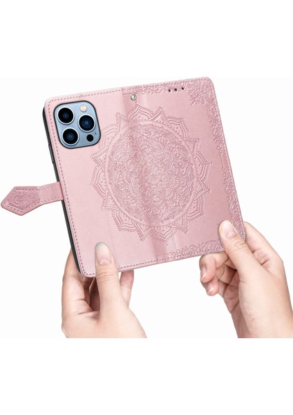 iPhone 13 Pro Max ile Uyumlu El Standı Fonksiyonlu Cüzdan Kabartmalı Pu Deri Kart Tutucu (Yurt Dışından)
